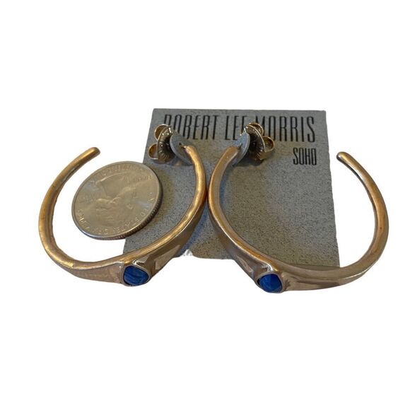 Robert Lee Morris Hammered Gold Toned Hoops w/ Royal Blue Faceted Stone. - Picture 7 of 7